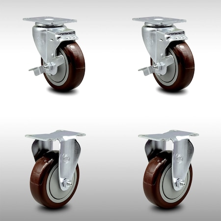 Service Caster 4 Inch SS Maroon Polyurethane Top Plate Caster Set with 2 Brake 2 Rigid SCC SCC-SS20S414-PPUB-MRN-TLB-2-R414-2